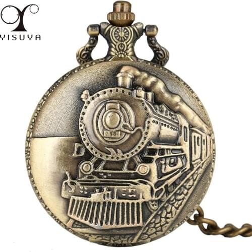 Antique Bronze Steam Train Quartz Pocket Watch Retro Pendant Pocket Clock Gifts Male Vintage Accessory Fob Chain Watches