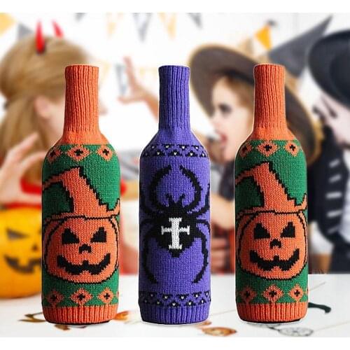 Halloween Wine Bottle Cover Spider Pumpkin Knitted Champagne Bottle Bag Table Decor Happy Halloween Party Decor For Home