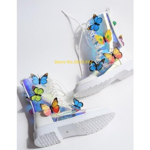 Butterfly Decor Clear PVC Lace Up Short Booties Round Toe Flat With Round Toe Runway Party Shoes New Arrivals Real Picture