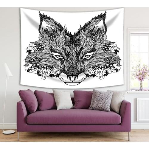 Tapestry Fox Head Sketch Wild Animal Nature Decorative Zentangle Style Artwork Black and White