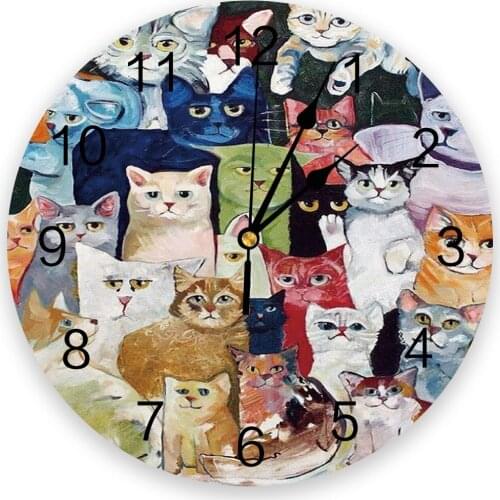 Group Of Cats Colorful 3d Wall Clock Modern Design Farmhouse Decor Kitchen Vintage PVC Round Clock Living Room Decoration