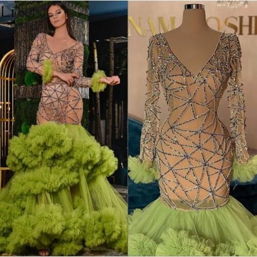 Haute Couture See Thru Mermaid Prom Dresses 2020 Long Sleeve Luxury Beading Sheer Evening Dress Puffy Tulle Skirt vestidos