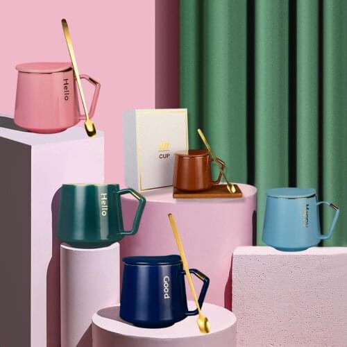 Ceramic Mug Creative Coffee Cup Set Couple Cup With Lid Spoon Wooden Plate Gift Box 370ml large capacity