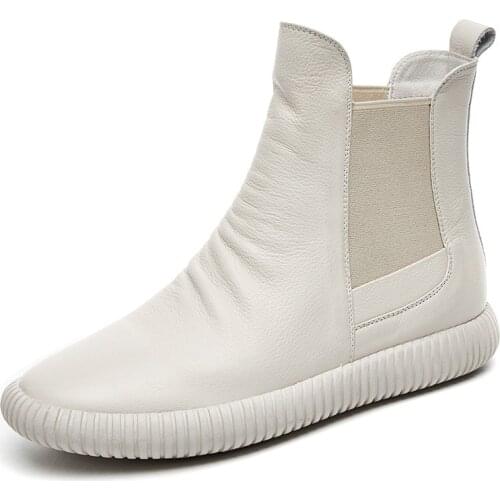 Fashion White Flat Ankle Boots Women Autumn Winter Casual Elastic Band Design Chelsea Boots 2020 New Leather Work Womens Shoes