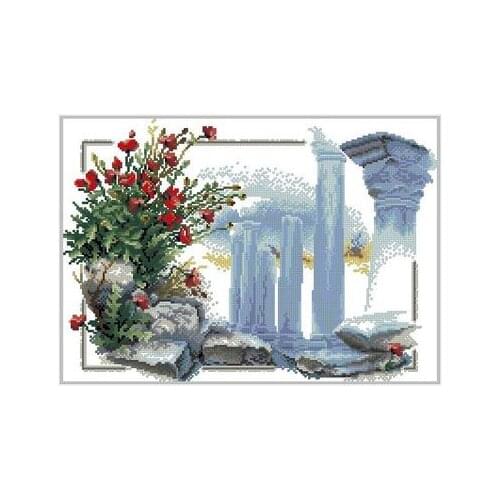 Red poppy next to the ruins of 14-ZR Needlework,For Embroidery,DIY 14CT Unprinted Arts Cross stitch kits Set Cross-Stitching