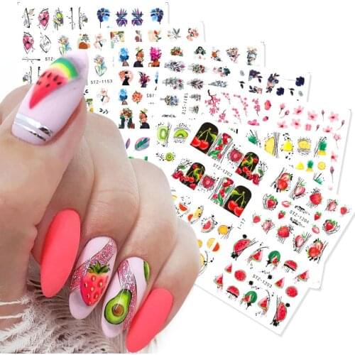 24 Style/Set Stickers Nail Art Summer Fruit Flower Water Decals Abstract Geometric Butterfly Sliders Wraps Manicure Decor I01-19