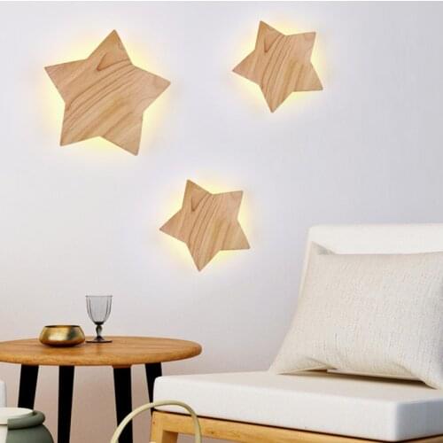 New Solid Wood Wall Lamp LED Creative Wooden Art Study Room Light Modern Simple Star for Childrens Household Bedroom Decorative