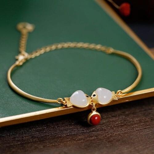 New inlaid natural Hetian white Chalcedony Pisces Bracelet Chinese style retro unique ancient gold craft womens brand jewelry