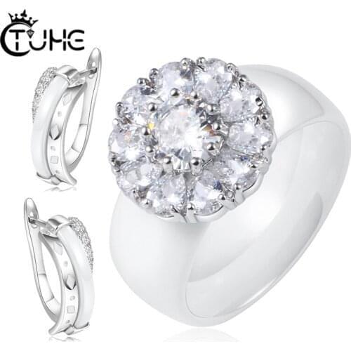 Newest Women Jewelry Set Flower Shape Crystal Rhinestones Earrings Rings Healthy Ceramic Material Wedding Accessories