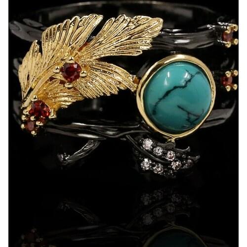 New Unique Womens Jewelry Turquoise Ring Carved Golden Feathers Womens Ring Multi-layer Irregular Luxury Womens Jewelry