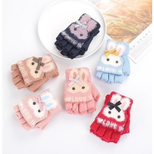 Hot rabbit child style Boy Girl Knit Gloves Winter Children kids 4-9 year old Warm Half finger Flip cover Gloves ST22