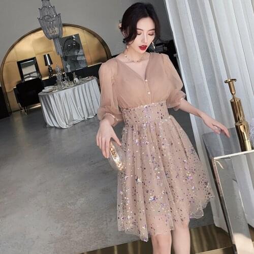 Bridesmaids Dresses Illusion V-Neck Half A-Line Tulle Lace Crystal Sequined Luxury Pink Knee-Length Lady Wedding Party Gown E810