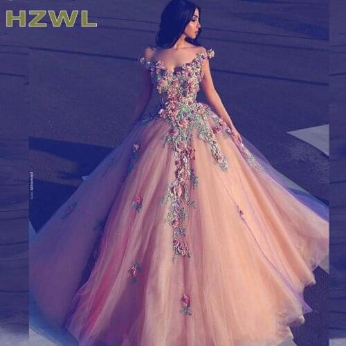 Floral Prom Dresses Colorful Appliques Off Shoulder Sleeveless Long Party Dresses Fluffy Tulle Glamorous Evening gowns