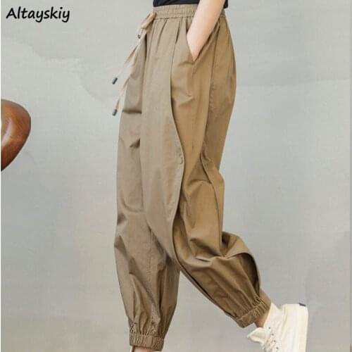 Causal Pants Women Khaki Stylish Pockets Spring Solid Ankle Length Unisex Streetwear Solid Aesthetic Harem Trouser Chic Soft Hot