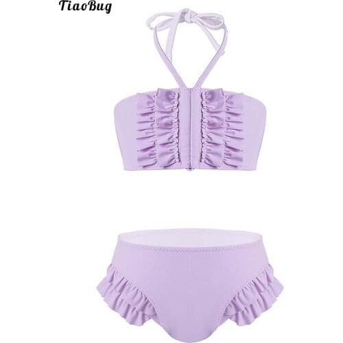 TiaoBugSummer 2Pcs Kids Girls Swimsuit Outfit Haler Neck Drawstring Shoulder Straps Ruffle Front Bra Top With Ruffel Bottoms