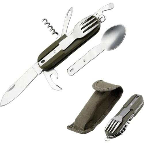 Outdoor Portable Army Green Folding Camping Cutlery Knife Fork Spoon Bottle Opener Tableware Stainless Steel Travel Kit