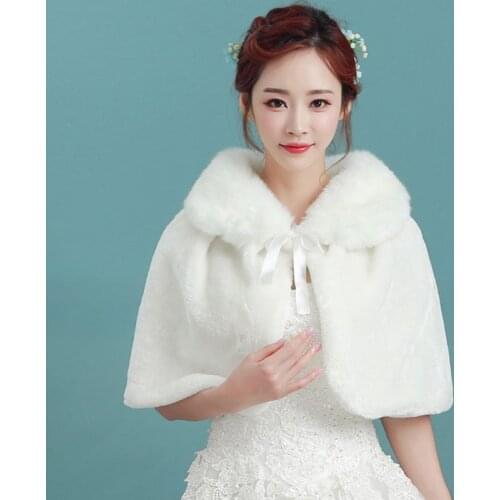 Womens Winter Thicken Plush Wrap Stole Elbow Length Wedding Bridal Shawl Cape Warm Jacket Shrug with Lace Up Ribbon Bowknot