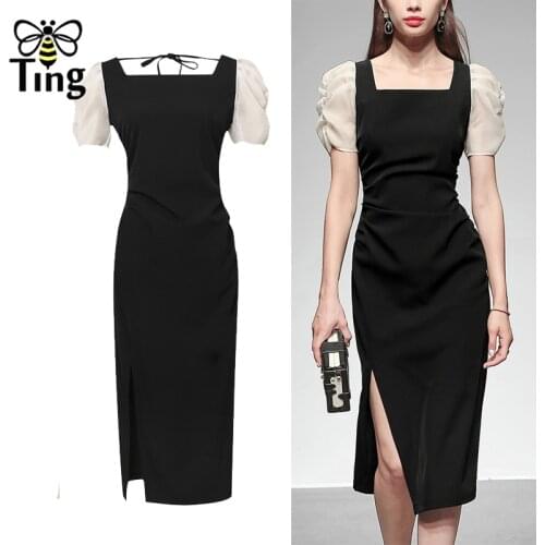 Tingfly Vintage Runway Vogue Black Midi Dress Elegant Square Collar Summer Streetwear Casual Knee Lenght Dress Plus Size Zaful