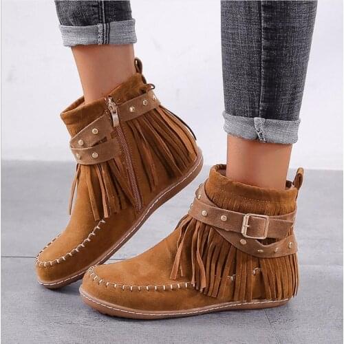 2020 Autumn Winter Plus Size Shoes Retro Tassel Flat Ankle Boots Women Flat Round Head Side Zip Casual Street Shoes Mujer botas