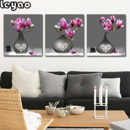 3 Pieces Of Pink Magnolia Vase Diamond painting Painting Home Decoration,3 Pieces Diamond Embroidery Full Square/Round
