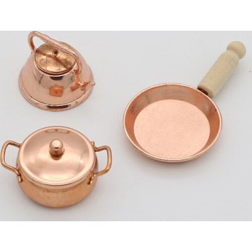 3pcs/Set 1:12 Scale Dollhouse Miniature Bronze Frying Pan Cooking Pot Kettle Cookware Kitchen Cooking Kit Dolls Accessories