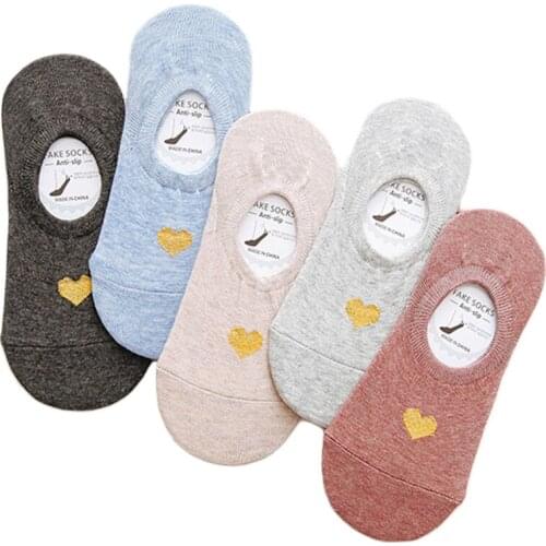 5 Pairs/lot No Show Cotton Socks for Women Gold Embroidery Love Heart Pattern Casual Thin Breathable Invisible Socks 5 Colors