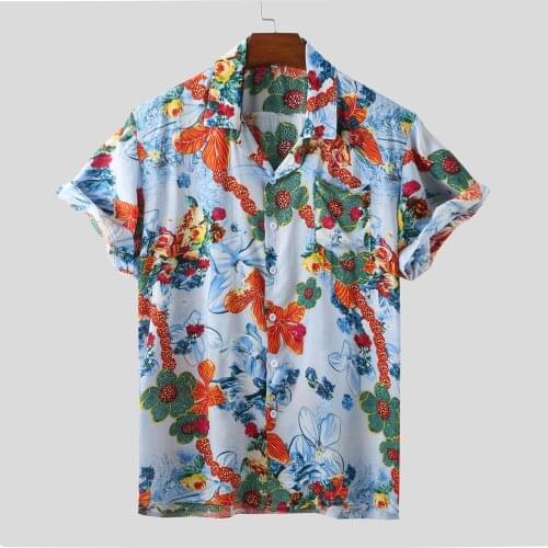 55# 2021 Mens Slim Fit Flower Printed Shirts Male Short Sleeve Floral T Shirt Men Casual Basic Tops Plus Size Cardigan Blouse