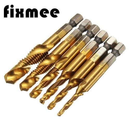 6Pcs M3-M10 Combination Drill Sprial Tap Bit Set HSS Titanium Coated 1/4'' Hex Shank Thread Cutter Metal Woodworking Tools 6542