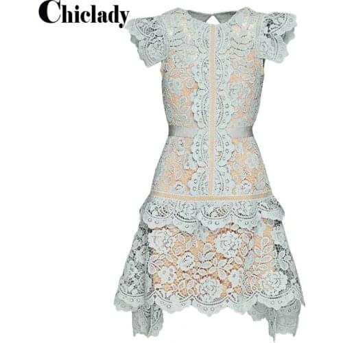 CHICLADYNew Ariival SP ASymmetrical Lace Light Blue Lace Dress Hollow Out Patchwork Female Short Dress Party Diiner Elegant robe