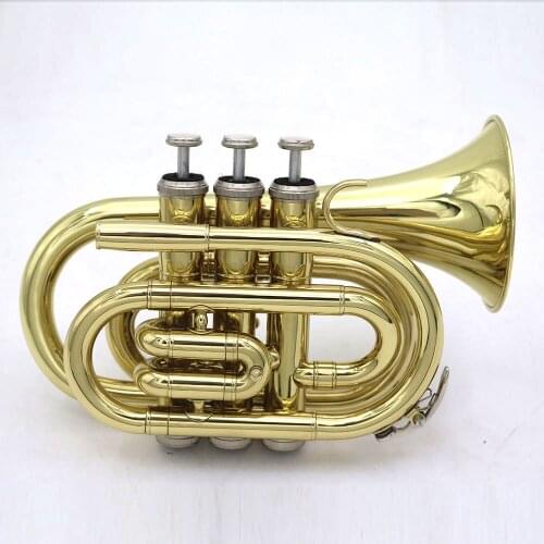 Trumpet Bb Falling Tune B Flat Brass Mini Pocket Wind Instrument with Mouthpiece Gloves Cleaning Cloth Carrying Case