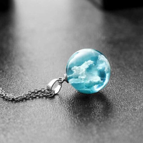 White Gift Terrarium Pendant Clouds Sky Resin Blue Glass Ball Beautiful Jewelry Necklace