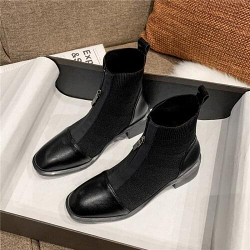 Leather & knitting patchwork ankle boots women thick heel brand front zipper winter booties stretch fabric chelsea botas mujer