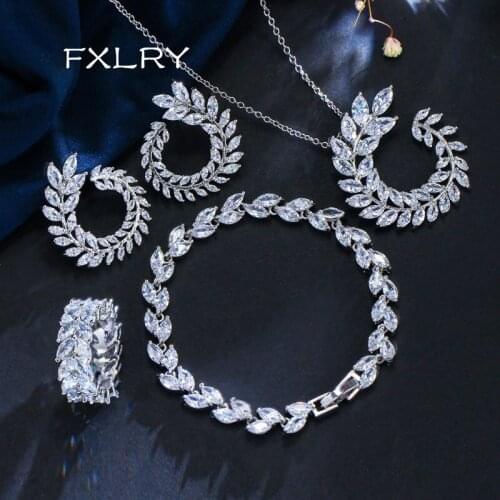 FXLRY Luxury White AAA Cubic Zircon 4 Pcs Leaf Shape New Fashion Necklace Earring Bracelet and Ring Sets for women Jewelry