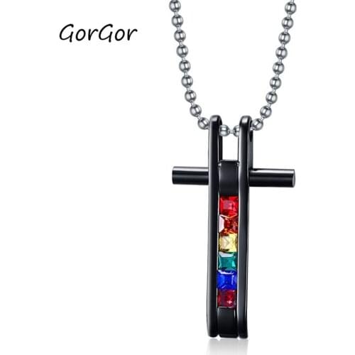 GorGor 2020 Trendy Classic Rainbow Titanium Steel Inlaid Rhinestone Pendant Necklace for Fashion Couple Jewelry Gift PPN-012