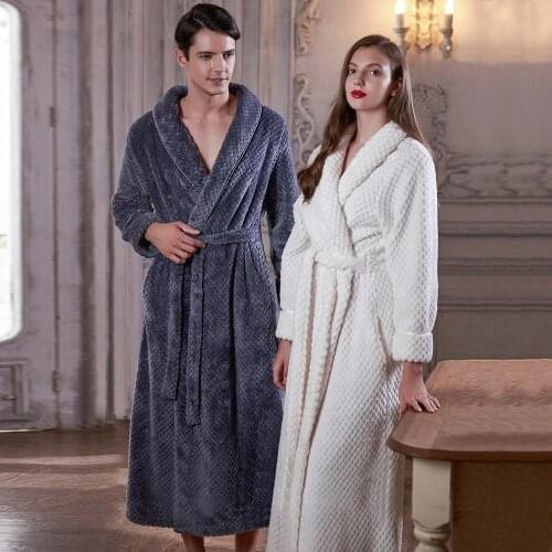 Men Extra Long Warm Jacquard Flannel Bath Robe Winter Plus Size Zipper Bathrobe Mens Coral Fleece Robes for Women Dressing Gown
