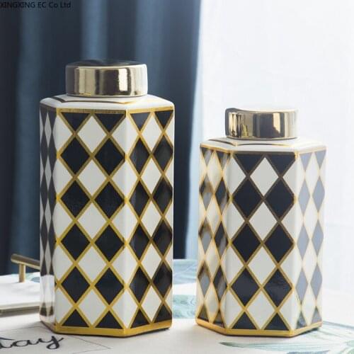 Geometric Pattern Ceramic Vase Decoration Storage Tank Living Room Flower Arrangement Creative Neoclassical Home Soft Decoration