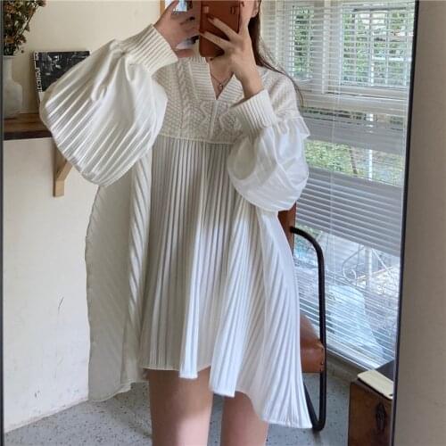 Hzirip Korean Chic Puff Sleeves Solid Gentle Knitted 2021 Hot OL V-Neck Elegance Slim Irregular All Match Sexy Mini Dresses