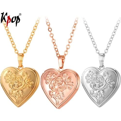Kpop Mum Gift Heart Locket Pendant Necklace Vintage Flower Photo Lockets Fashion Gold Color Necklaces Jewelry Pendant P016