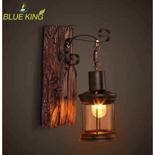 Creative Retro Industrial Wall Lamp Old Boat Wood Nostalgia Iron lampshade Wall Light For Bar Cafe Store LED wooden wall sconce