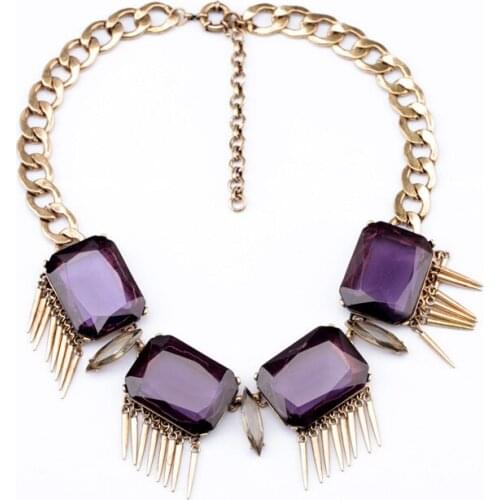 Bulk Price Purple & Amaranth Rhinestone Square Gold Alloy Stick Pendant Necklace For Women Statement Necklace Fashion Jewelry