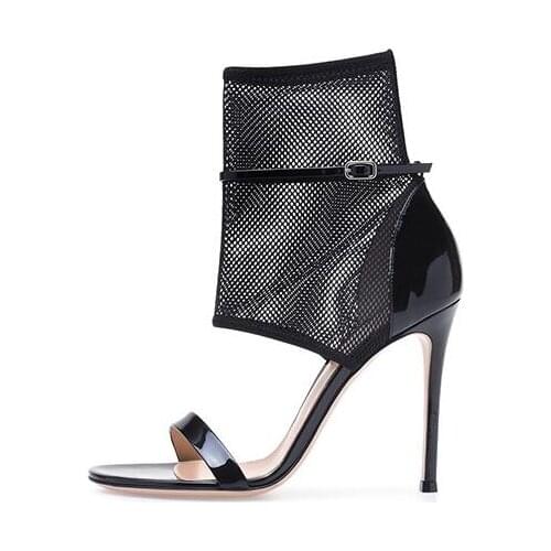 Newest Fashion Woman Black Mesh One Line Buckle Strap Ankle Boots Female Sexy Stiletto Heels Party Short Booties Big Size