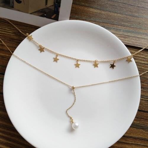 Women Jewelry Necklace Two Layer Thin Chain Choker Small Stars Simulate White Pearl Pendant Necklace For Girl Student Gifts