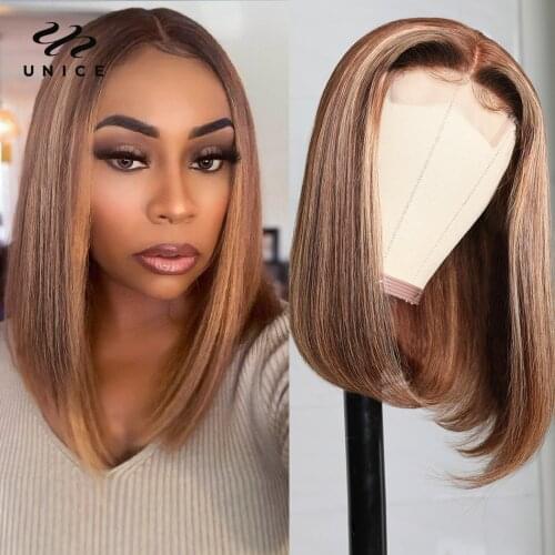 Unice Hair U Part Lace Wigs Peruvian Straight Human Hair Short Bob For Black Women Pre Plucked With Baby Hair Short Bob Wigs