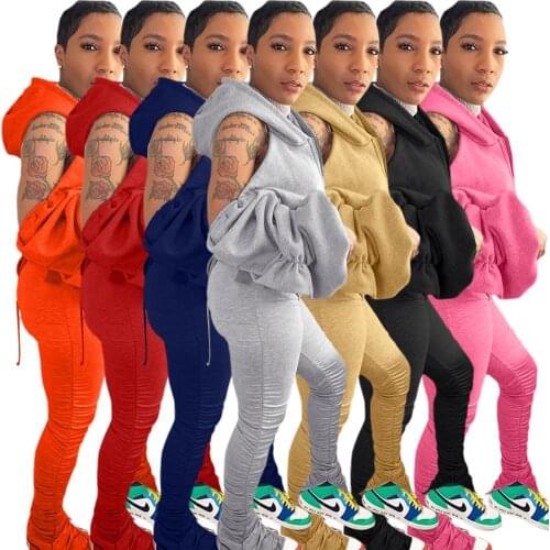 Casual Autumn And Winter Women Two Piece Set hooded Off Shoulder Backless Pleated Stacked Pants joggers clothes for women