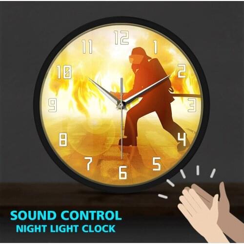 Firefighter Fighting A Fire Scene Metal Frame LED Wall Clock Sound Control Firemen Clocks Watch Fire Dept Decor Modern Design