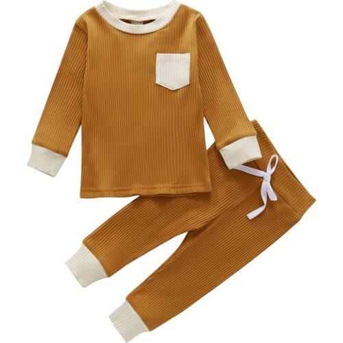 Baby Girls Boys Long Sleeve Pocket Pullover T-shirt +Drawstring Trousers Round Neck Toddler Kids Spring Autumn Clothing Set