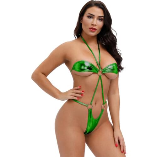 Sexy micro bikini swimwear women swimsuit one piece biquini bikinis Patent leather Bright light Halter String Lace Show buttocks