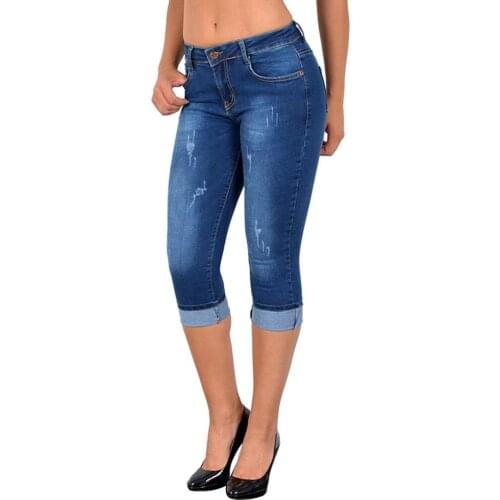 Plus Size Fashion Summer Women High Waist Skinny Jeans Knee Length Hole Ripped Denim Capri Slim Streetwear Stretch Casual Pants