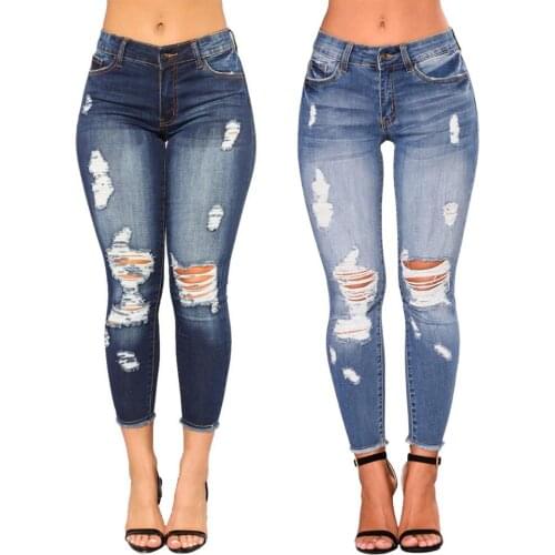 Light blue ripped jeans womens 2021 street style sexy mid-waist distressed trousers stretch skinny jeans pencil pants