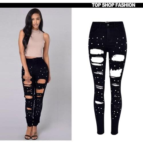 TREND-Setter 2018 Summer High Waist Ripped Jeans Women Black Slim Denim Pants Hole Skinny Trouser
